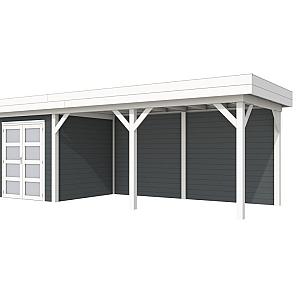 Vuren Topvision Kolibri, 250 x 250 en luifel 500 cm, wanden antraciet en basis wit.