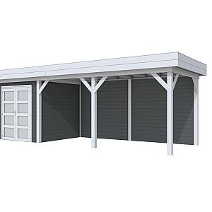 Vuren Topvision Kolibri, 250 x 250 en luifel 500 cm, wanden antraciet en basis lichtgrijs.