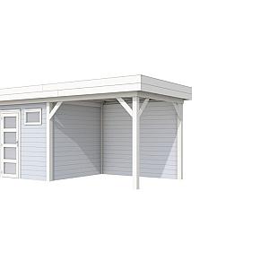 Vuren Topvision Kuifmees, 250 x 250 en luifel 300 cm, wanden lichtgrijs en basis wit.