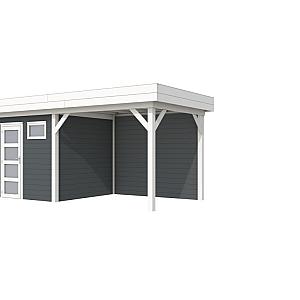 Vuren Topvision Kuifmees, 250 x 250 en luifel 300 cm, wanden antraciet en basis wit.