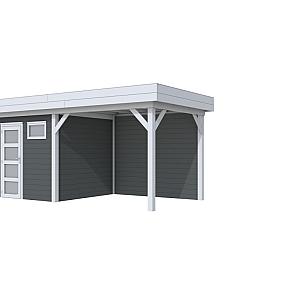 Vuren Topvision Kuifmees, 250 x 250 en luifel 300 cm, wanden antraciet en basis lichtgrijs.