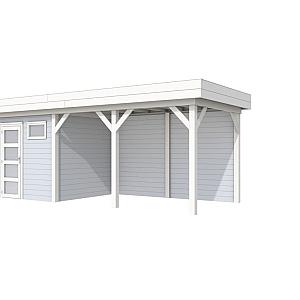 Vuren Topvision Kuifmees, 250 x 250 en luifel 400 cm, wanden lichtgrijs en basis wit.