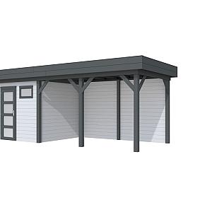 Vuren Topvision Kuifmees, 250 x 250 en luifel 400 cm, wanden lichtgrijs en basis antraciet.