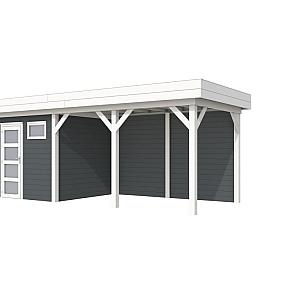 Vuren Topvision Kuifmees, 250 x 250 en luifel 400 cm, wanden antraciet en basis wit.