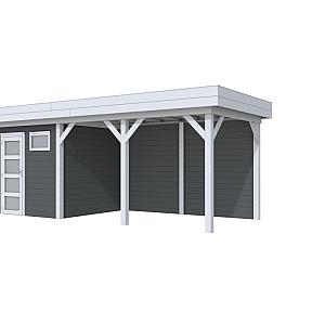 Vuren Topvision Kuifmees, 250 x 250 en luifel 400 cm, wanden antraciet en basis lichtgrijs.