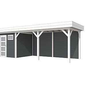 Vuren Topvision Kuifmees, 250 x 250 en luifel 500 cm, wanden antraciet en basis wit.