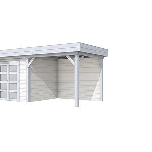 Vuren Topvision Bonte Specht, 300 x 250 en luifel 300 cm, wanden wit en basis lichtgrijs.