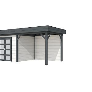 Vuren Topvision Bonte Specht, 300 x 250 en luifel 300 cm, wanden wit en basis antraciet.