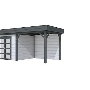 Vuren Topvision Bonte Specht, 300 x 250 en luifel 300 cm, wanden lichtgrijs en basis antraciet.