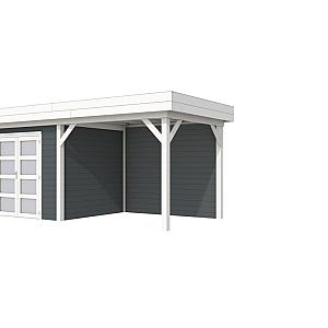 Vuren Topvision Bonte Specht, 300 x 250 en luifel 300 cm, wanden antraciet en basis wit.