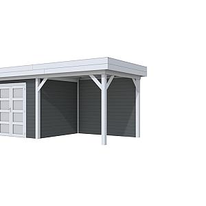 Vuren Topvision Bonte Specht, 300 x 250 en luifel 300 cm, wanden antraciet en basis lichtgrijs.