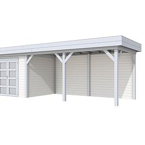 Vuren Topvision Bonte Specht, 300 x 250 en luifel 500 cm, wanden wit en basis lichtgrijs.