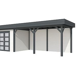 Vuren Topvision Bonte Specht, 300 x 250 en luifel 500 cm, wanden wit en basis antraciet.