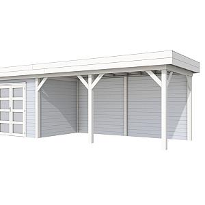 Vuren Topvision Bonte Specht, 300 x 250 en luifel 500 cm, wanden lichtgrijs en basis wit.