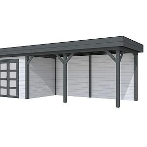 Vuren Topvision Bonte Specht, 300 x 250 en luifel 500 cm, wanden lichtgrijs en basis antraciet.