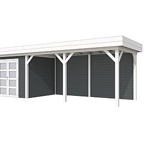 Vuren Topvision Bonte Specht, 300 x 250 en luifel 500 cm, wanden antraciet en basis wit.