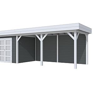 Vuren Topvision Bonte Specht, 300 x 250 en luifel 500 cm, wanden antraciet en basis lichtgrijs.