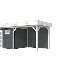 Vuren Topvision Bonte Kraai, 300 x 250 en luifel 300 cm, wanden antraciet en basis wit.