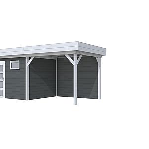 Vuren Topvision Bonte Kraai, 300 x 250 en luifel 300 cm, wanden antraciet en basis lichtgrijs.