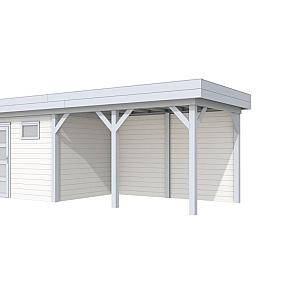 Vuren Topvision Bonte Kraai, 300 x 250 en luifel 400 cm, wanden wit en basis lichtgrijs.