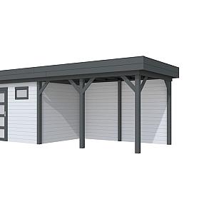 Vuren Topvision Bonte Kraai, 300 x 250 en luifel 400 cm, wanden lichtgrijs en basis antraciet.