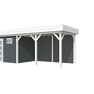 Vuren Topvision Bonte Kraai, 300 x 250 en luifel 400 cm, wanden antraciet en basis wit.