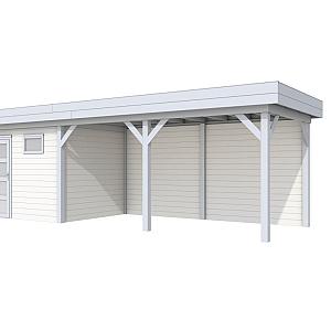 Vuren Topvision Bonte Kraai, 300 x 250 en luifel 500 cm, wanden wit en basis lichtgrijs.