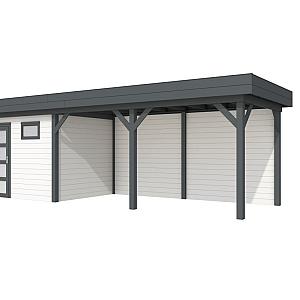 Vuren Topvision Bonte Kraai, 300 x 250 en luifel 500 cm, wanden wit en basis antraciet.