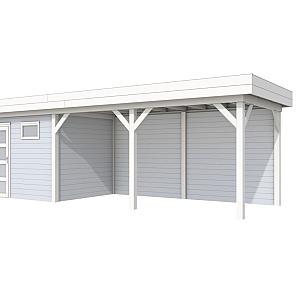 Vuren Topvision Bonte Kraai, 300 x 250 en luifel 500 cm, wanden lichtgrijs en basis wit.