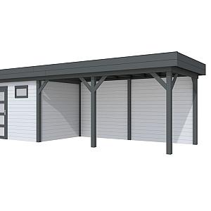 Vuren Topvision Bonte Kraai, 300 x 250 en luifel 500 cm, wanden lichtgrijs en basis antraciet.