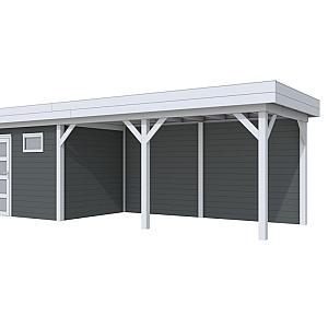 Vuren Topvision Bonte Kraai, 300 x 250 en luifel 500 cm, wanden antraciet en basis lichtgrijs.