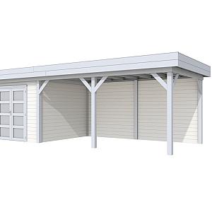 Vuren Topvision Bosuil, 300 x 300 en luifel 500 cm, wanden wit en basis lichtgrijs.