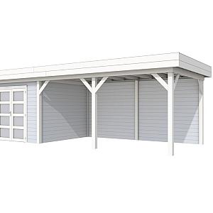 Vuren Topvision Bosuil, 300 x 300 en luifel 500 cm, wanden lichtgrijs en basis wit.