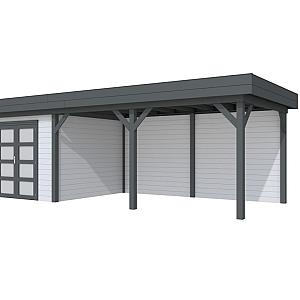 Vuren Topvision Bosuil, 300 x 300 en luifel 500 cm, wanden lichtgrijs en basis antraciet.