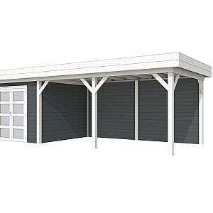 Vuren Topvision Bosuil, 300 x 300 en luifel 500 cm, wanden antraciet en basis wit.