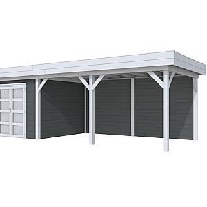 Vuren Topvision Bosuil, 300 x 300 en luifel 500 cm, wanden antraciet en basis lichtgrijs.