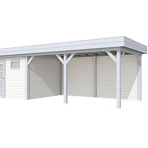 Vuren Topvision Tapuit, 300 x 300 en luifel 500 cm, wanden wit en basis lichtgrijs.