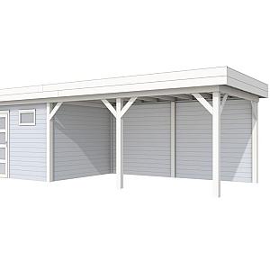 Vuren Topvision Tapuit, 300 x 300 en luifel 500 cm, wanden lichtgrijs en basis wit.