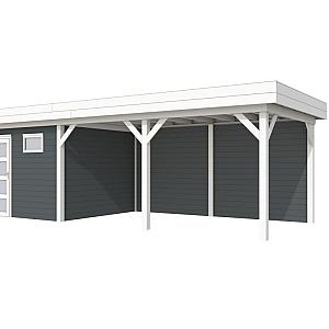 Vuren Topvision Tapuit, 300 x 300 en luifel 500 cm, wanden antraciet en basis wit.