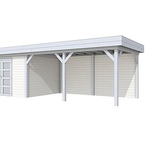 Vuren Topvision Parelhoen, 400 x 300 en luifel 500 cm, wanden wit en basis lichtgrijs.