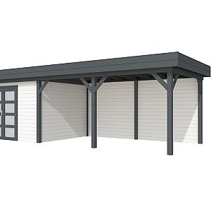 Vuren Topvision Parelhoen, 400 x 300 en luifel 500 cm, wanden wit en basis antraciet.