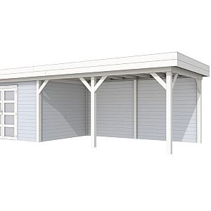 Vuren Topvision Parelhoen, 400 x 300 en luifel 500 cm, wanden lichtgrijs en basis wit.