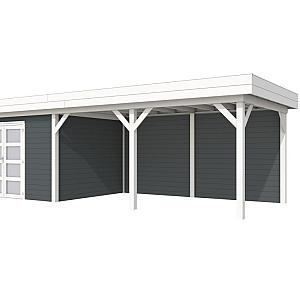 Vuren Topvision Parelhoen, 400 x 300 en luifel 500 cm, wanden antraciet en basis wit.