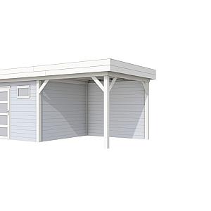 Vuren Topvision Kievit, 400 x 300 en luifel 300 cm, wanden lichtgrijs en basis wit.