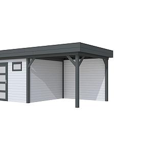 Vuren Topvision Kievit, 400 x 300 en luifel 300 cm, wanden lichtgrijs en basis antraciet.