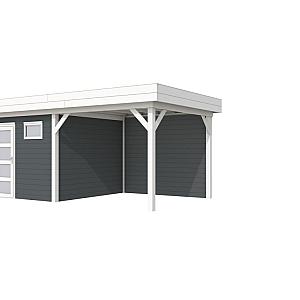 Vuren Topvision Kievit, 400 x 300 en luifel 300 cm, wanden antraciet en basis wit.