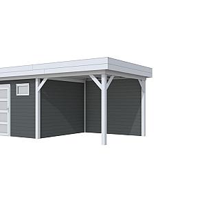 Vuren Topvision Kievit, 400 x 300 en luifel 300 cm, wanden antraciet en basis lichtgrijs.