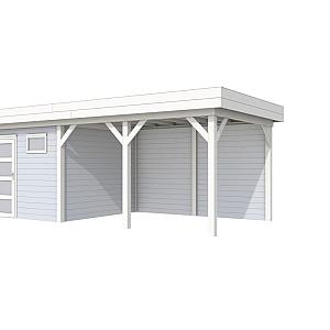 Vuren Topvision Kievit, 400 x 300 en luifel 400 cm, wanden lichtgrijs en basis wit.