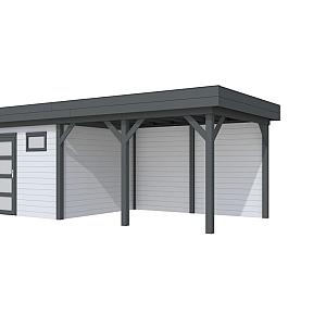Vuren Topvision Kievit, 400 x 300 en luifel 400 cm, wanden lichtgrijs en basis antraciet.