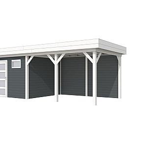 Vuren Topvision Kievit, 400 x 300 en luifel 400 cm, wanden antraciet en basis wit.